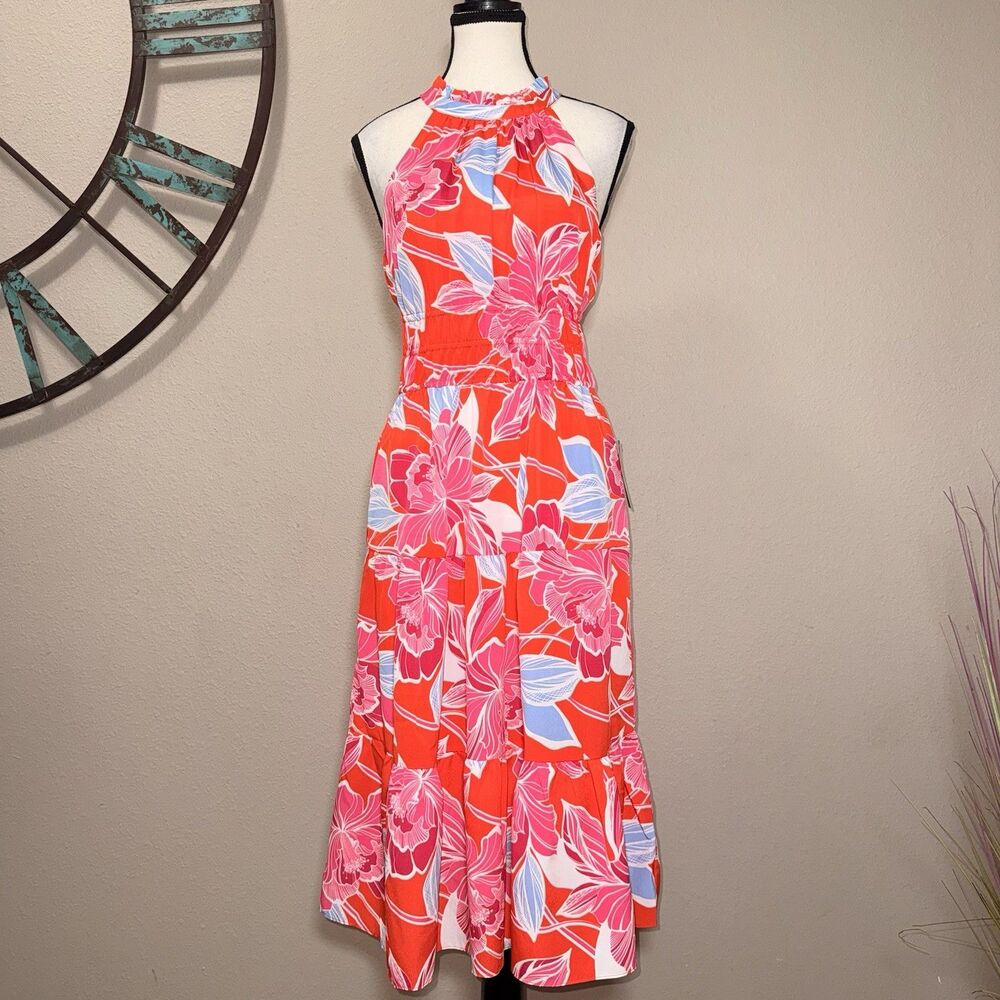 Eliza J. Dress Size 4 NWT Orange Tropical Floral Sleeveless Lined Halter